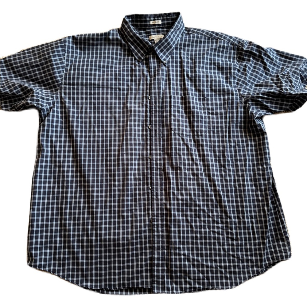 Van Heusen Men's Short Sleeve, Blue, Button-Down Shirt XXL Plaid 100% Cotton EUC